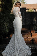 Ivory Lace Wedding Dress High Neck Tulle Appliques Bridal Dress with Sweep Train