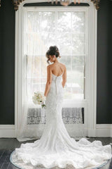 Ivory Strapless Wedding Dress Lace Appliques Long Sleeves Mermaid Bridal Dress with Detachable Skirt