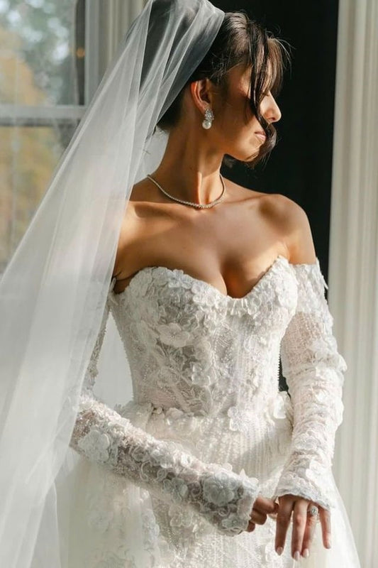 Ivory Strapless Wedding Dress Lace Appliques Long Sleeves Mermaid Bridal Dress with Panel Train