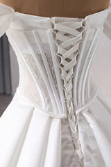 Ivory Off the Shoulder Wedding Dress Corset Satin Lace Ball Gown Bridal Dress