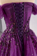 Purple Off the Shoulder Prom Dress A Line Beaded Sequin Evening Dress