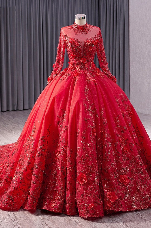 Red High Neck Wedding Dress Long Sleeves Ball Gown Sequin Bridal Dress