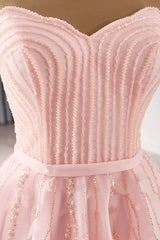 Pink Strapless Prom Dress A Line Beaded Lace Up Evening Dress