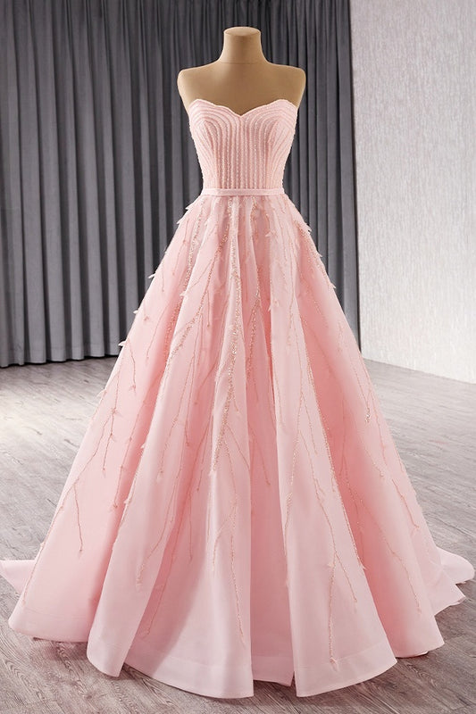 Pink Strapless Prom Dress A Line Beaded Lace Up Evening Dress