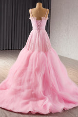 Pink Spaghetti Straps Prom Dress A Line Lace Up Beaded Evening Dress