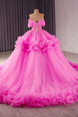 Pink Off the Shoulder Evening Dress Ball Gown Lace Up Beaded Prom Dress