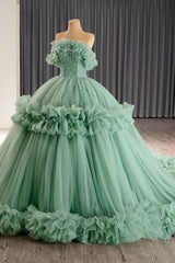 Green Off the Shoulder Evening Dress Ball Gown Beaded Prom Dress