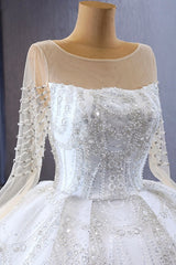 Ivory Long Sleeves Wedding Dress Ball Gown Sequin Bridal Dress with Sweep Train