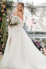 Ivory A Line Wedding Dress Off the Shoulder Tulle Bridal Dress with Sweep Train