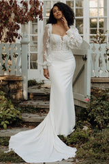 Ivory Square Neck Wedding Dress Off the Shoulder Bridal Dress with Sweep Train