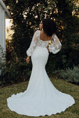 Ivory Square Neck Wedding Dress Off the Shoulder Bridal Dress with Sweep Train