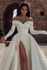 Ivory Off the Shoulder Wedding Dress Long Sleeves Bridal Dress with Panel Train