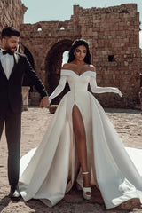 Ivory Off the Shoulder Wedding Dress Long Sleeves Bridal Dress with Panel Train