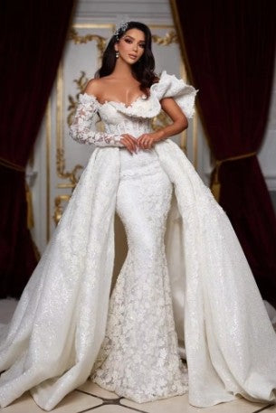 White Wedding Dress Mermaid One Shoulder Long Sleeves Corset Bridal Dress with Panel Train