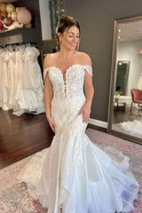 Ivory Mermaid Wedding Dress Off the Shouder Tulle Appliques Bridal Dress