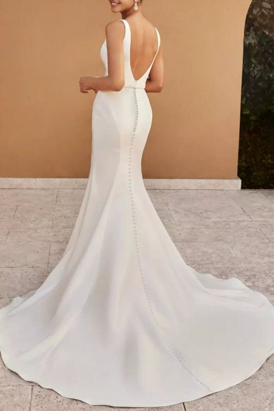 Ivory Mermaid Wedding Dress V Neck Bridal Dress With Slit