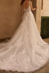 Ivory Wedding Dress A Line Corset Appliques Bridal Dress with Sweep Train