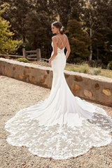 Ivory Wedding Dress Mermaid Spaghetti Straps Appliques Bridal Dress with Sweep Train