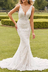 Ivory Wedding Dress Mermaid V Neck Lace Bridal Dress with Sweep Train