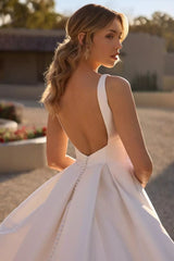 Ivory Wedding Dress A Line V Neck Satin Backless Bridal Dress with Slit