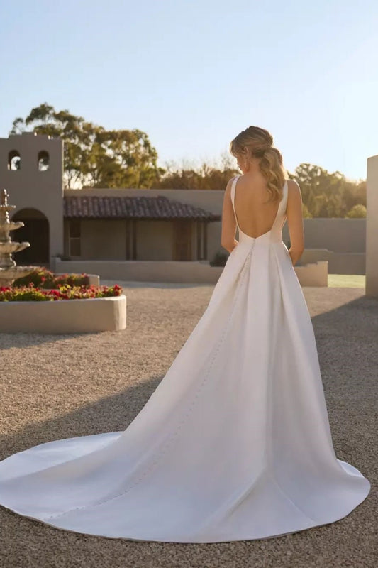 Ivory Wedding Dress A Line V Neck Satin Backless Bridal Dress with Slit