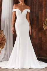 Ivory Wedding Dress Mermaid Off the Shoulder Bridal Dress with Sweep Train