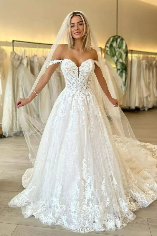 Ivory Wedding Dress A Line Off the Shoulder Bridal Dress with Appliques