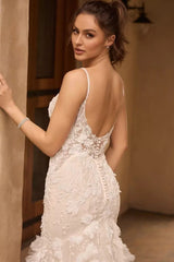 Ivory Wedding Dress Mermaid Spaghetti Straps Bridal Dress with Appliques