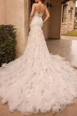 Ivory Wedding Dress Mermaid Spaghetti Straps Bridal Dress with Appliques