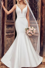 Ivory Wedding Dress Mermaid V Neck Backless Bridal Dress