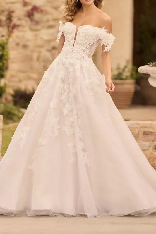 Ivory Wedding Dress A Line Off the Shoulder Bridal Dress With Sweep Train