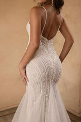 Ivory Wedding Dress Spaghetti Straps Mermaid Sequin Tulle Bridal Dress