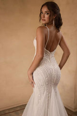 Ivory Wedding Dress Spaghetti Straps Mermaid Sequin Tulle Bridal Dress