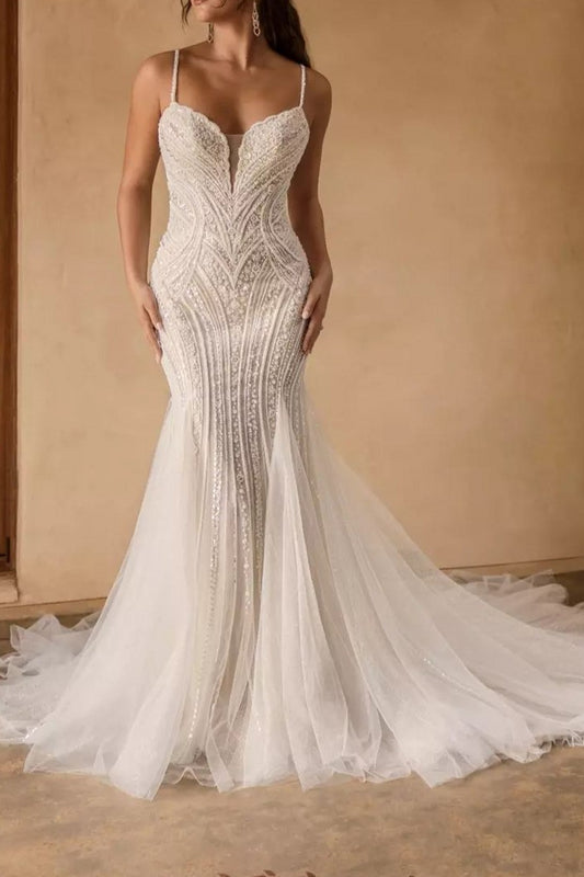 Ivory Wedding Dress Spaghetti Straps Mermaid Sequin Tulle Bridal Dress