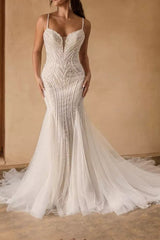 Ivory Wedding Dress Spaghetti Straps Mermaid Sequin Tulle Bridal Dress