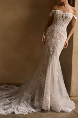 Ivory Wedding Dress Off the Shoulder Mermaid Tulle Bridal Dress with Appliques