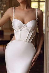 White Wedding Dress Spaghetti Straps Mermaid Beaded Corset Bridal Dress with Panel Train