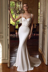 White Wedding Dress Spaghetti Straps Mermaid Beaded Corset Bridal Dress with Panel Train