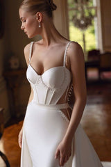 White Wedding Dress Spaghetti Straps Mermaid Beaded Corset Bridal Dress with Panel Train