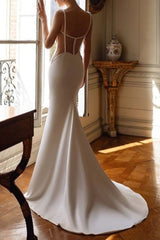 White Wedding Dress Spaghetti Straps Mermaid Beaded Corset Bridal Dress with Panel Train