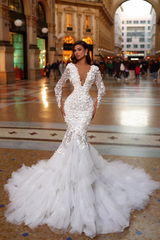 Ivory Long Sleeves Wedding Dress Mermaid Tulle Bridal Dress with 3D Flowers