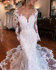 Long Sleeves Wedding Dress Mermaid Appliques Bridal Dress with Panel Train