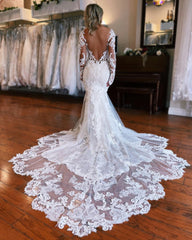 Long Sleeves Wedding Dress Mermaid Appliques Bridal Dress with Panel Train