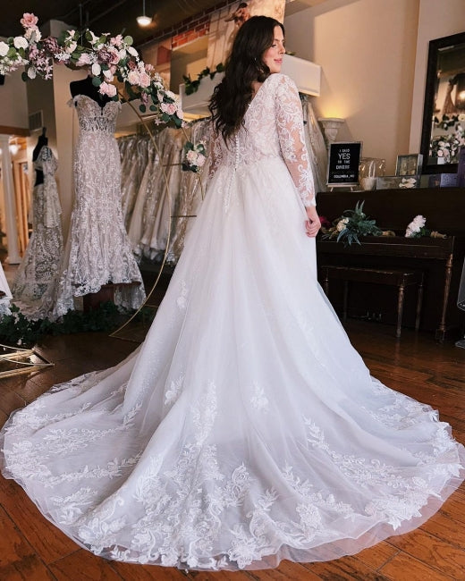 Plus Size Chiffon Wedding Dress A-Line V-Neck Long Sleeves Bridal Dress