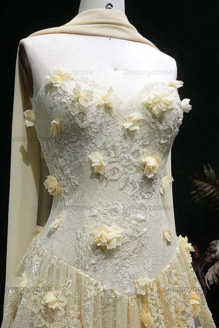 Yellow Lace A Line Prom Dress Sweetheart Lace Appliqued Formal Dress with 3D Flowers