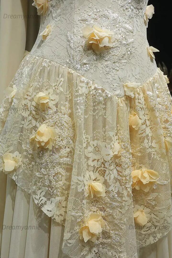 Yellow Lace A Line Prom Dress Sweetheart Lace Appliqued Formal Dress with 3D Flowers