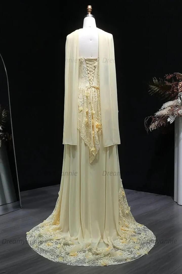 Yellow Lace A Line Prom Dress Sweetheart Lace Appliqued Formal Dress with 3D Flowers