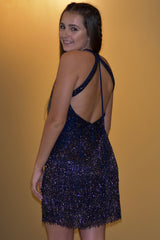 Dark Blue Homecoming Dress Open Back Sequin Prom Dress