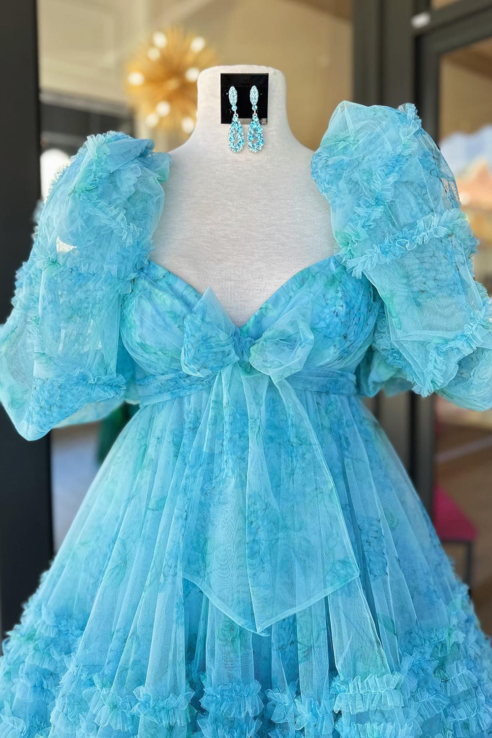 Dark Blue Homecoming Dress Puff Sleeves A-Line Floral Short Cocktail Dresses with Ruffles