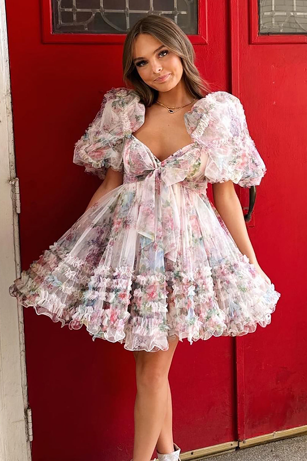 Dark Blue Homecoming Dress Puff Sleeves A-Line Floral Short Cocktail Dresses with Ruffles